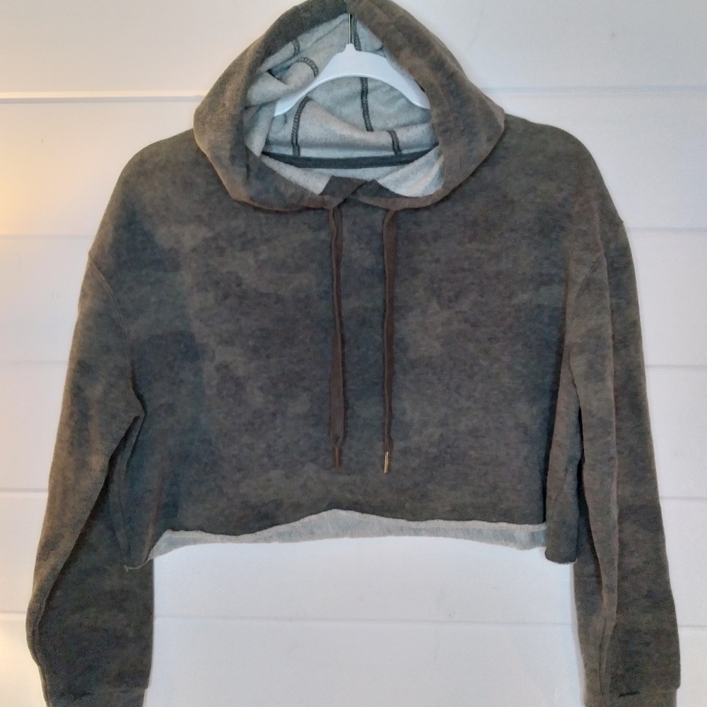 Amnesia Camouflage Grey Colourway Cropped Soft Rolled Hem Hooded Sweatshirt